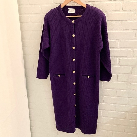 Vintage 80s Knit Dress Midi Secretary Purple Longsleeve Button down Pockets 14 - Picture 1 of 11